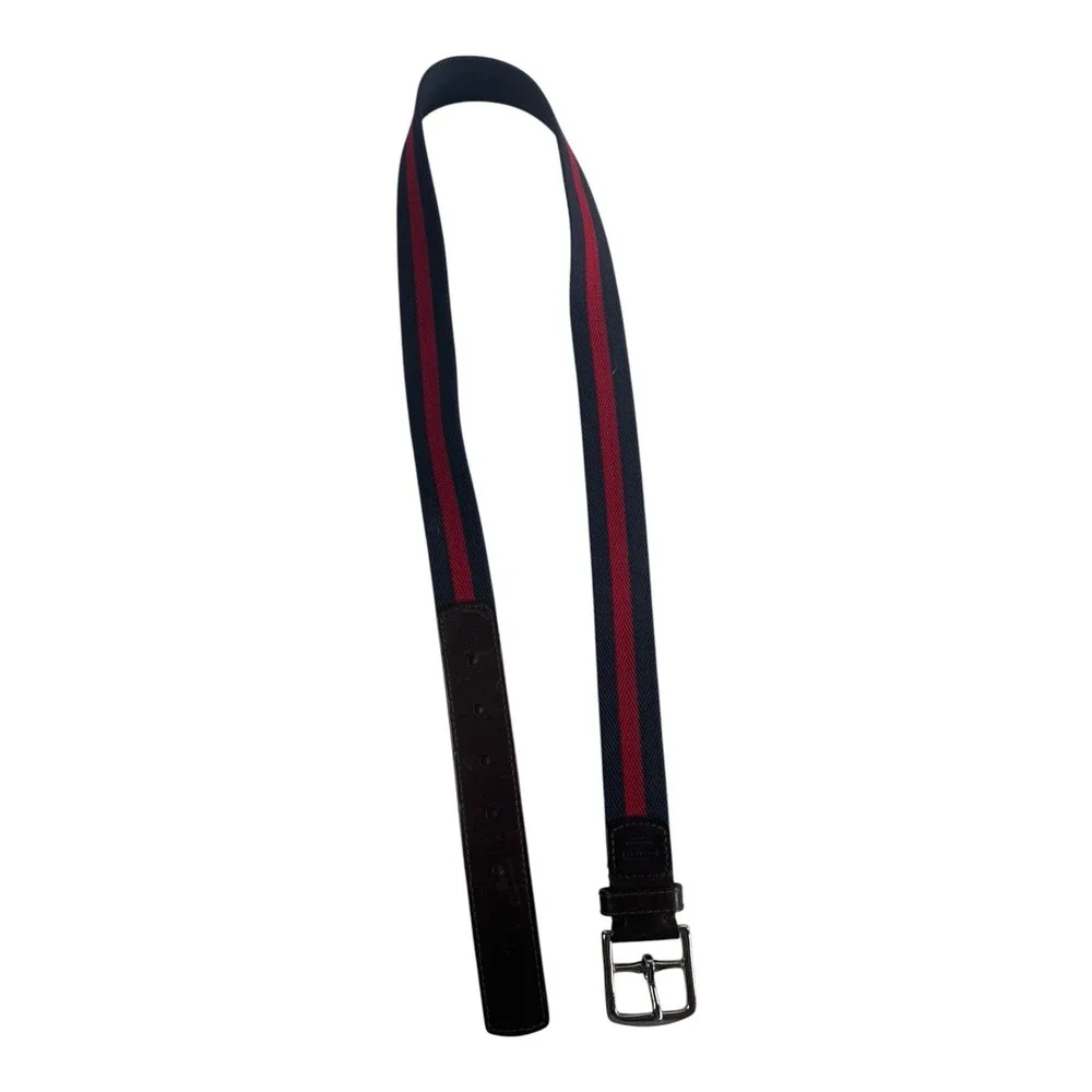 Coach Mens 5919 Striped Canvas Leather Belt Navy Red Brown Size 38 95cm